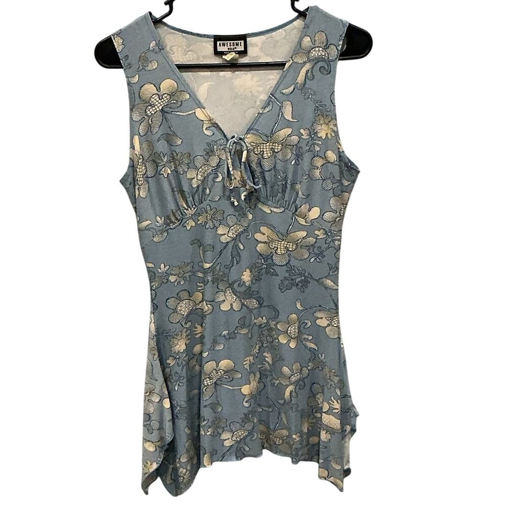 Vintage Womens Y2K Fairy Babydoll Top Blue Floral Retro 70s Hanky Hem L Spring